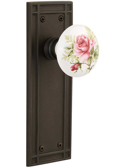 Mission Door Set with Rose Porcelain Knobs in Oil-Rubbed Bronze.